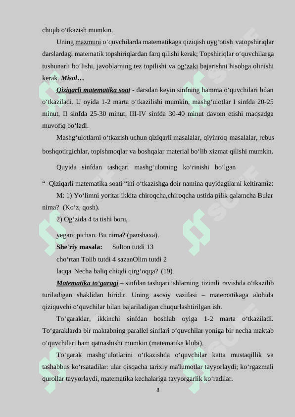 BOSHLANG‘ICH SINF MATEMATIKADAN DARSDAN TASHQARI MASHG‘ULOTLARNI TASHKIL ETISH 8