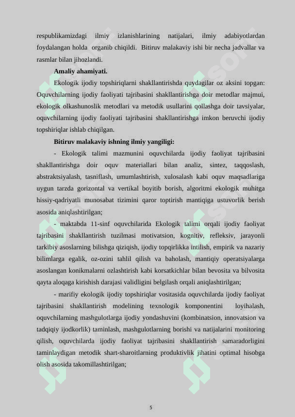 EKOLOGIK IJODIY TOPSHIRIQLAR MAKTAB OQUVCHILARIDA IJODIY FAOLIYAT TAJRIBASINI SHAKLLANTIRISH OMILI SIFATIDA (11-SINF MISOLIDA)” 6
