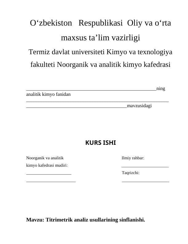 Titrimetrik analiz usullarining sinflanishi.