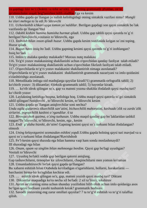 MOTHER TONGUE AND TEACHING METHODOLOGY ONA TILI VA UNI O‘QITISH METODIKASI FANIDAN TESTLAR 6