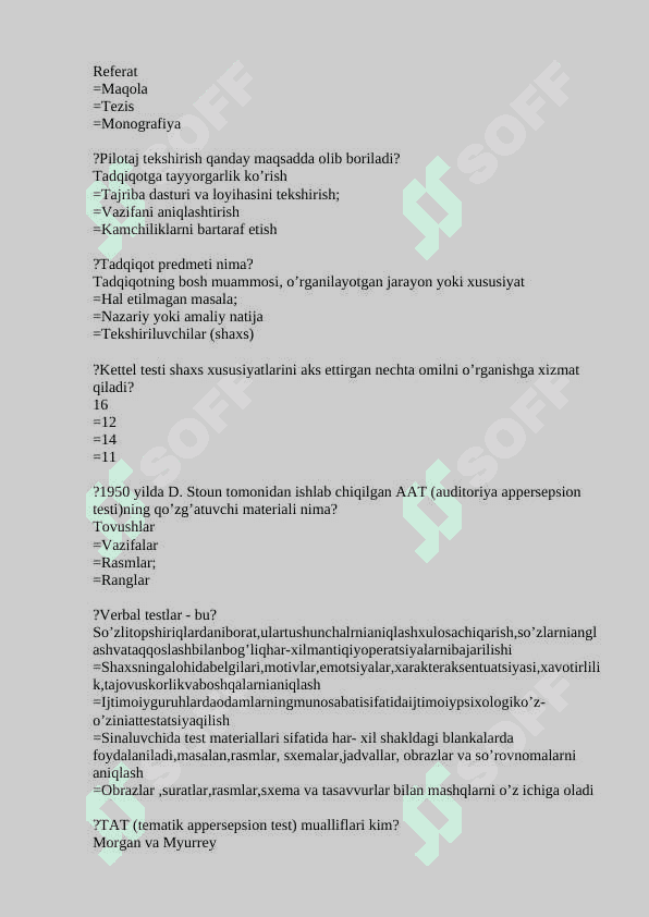 PSYCHODIAGNOSTICS 2 (PSYP 2-kurs uchun) test javoblari bilan 6