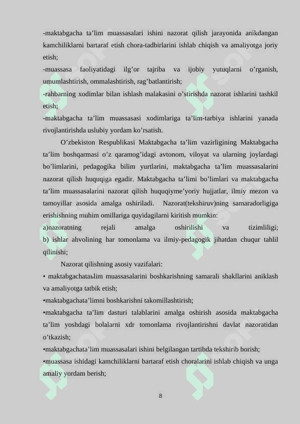 MAKTABGACHA TA’LIM MUASSASASINI  YALPI TEKSHIRISHNING ASOSIY SHAKILLARI 8