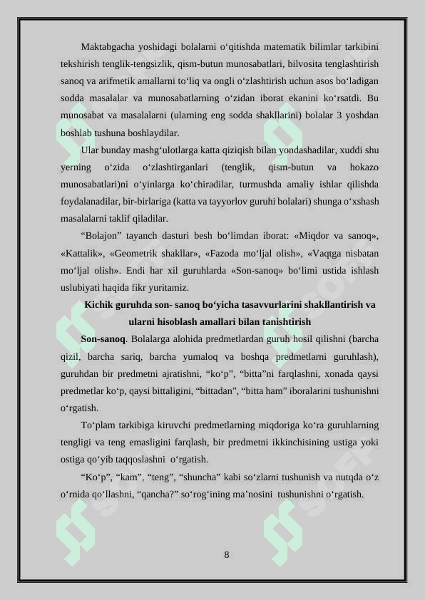 NOMERLASHGA  O‘RGATISHGA  TAYYORGARLIK 8