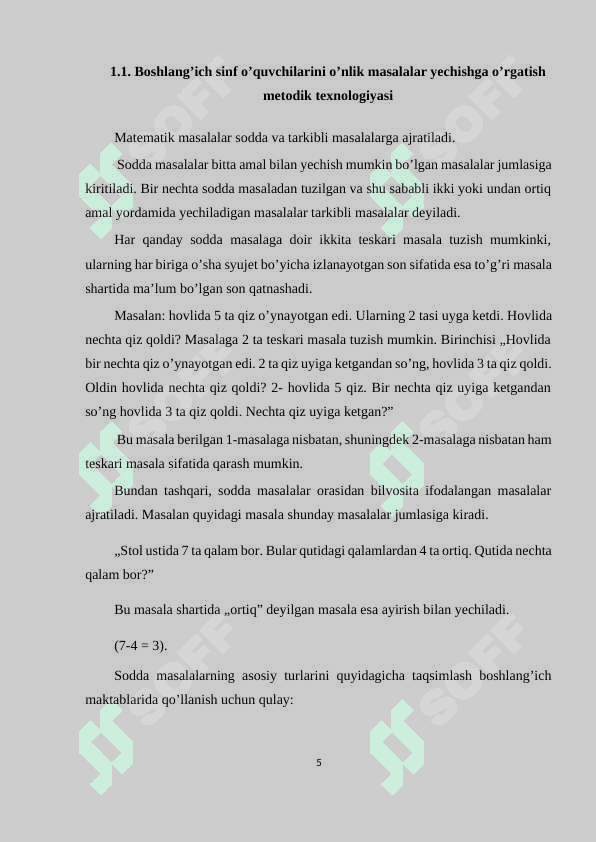 O’NLIK” VA “YUZLIK” MAVZUSIDA MISOL VA MASALALAR BAJARISHNING METODIKASI 5
