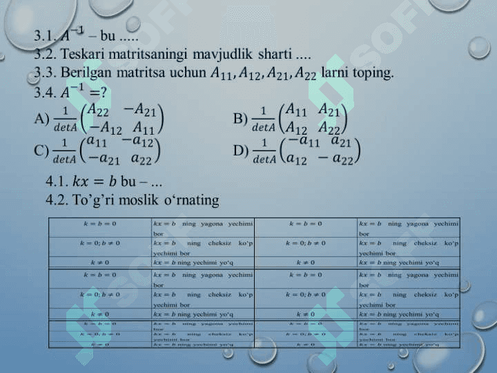 Chiziqli tenglamalar sistemasi va ularni yechish usullari. Kroneker-Kapelli teoremasi. Chiziqli algebraik tenglamalar sistemasining tadbiqlari 5