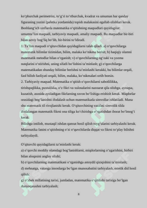 BOSHLANG‘ICH SINFLARDA MATEMATIKA O‘QITISHNING UMUMIY METODIKASI 8