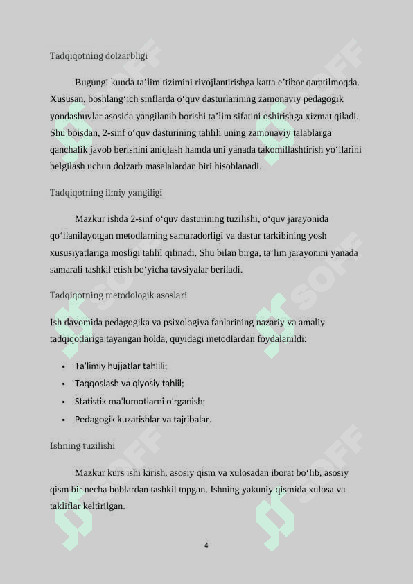 O‘QUV DASTURI TAHLILI. (2-SINF KESIMIDA) 4