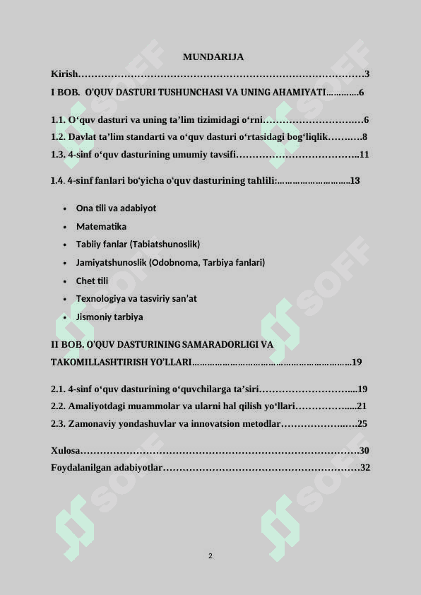 O‘QUV DASTURI TAHLILI. (4-SINF KESIMIDA) 2