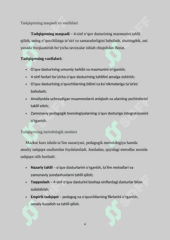O‘QUV DASTURI TAHLILI. (4-SINF KESIMIDA) 4