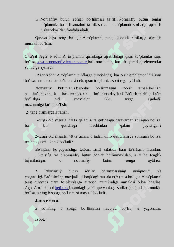Nomanfiy butun sonlar to`plamida bo`linish munosabatining ta'rifi va xossalari 2