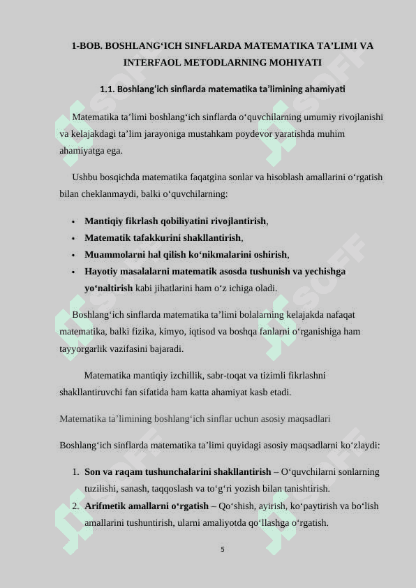 BOSHLANG’ICH  SINFLARDA  MATEMATIKA DARSLARIDA INTERAKTIV METODLARDAN FOYDALANISH 5