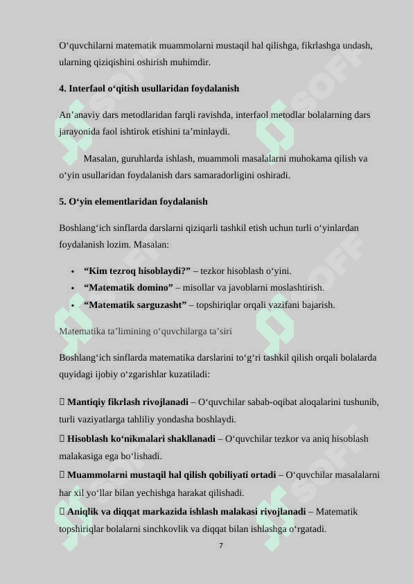 BOSHLANG’ICH  SINFLARDA  MATEMATIKA DARSLARIDA INTERAKTIV METODLARDAN FOYDALANISH 7