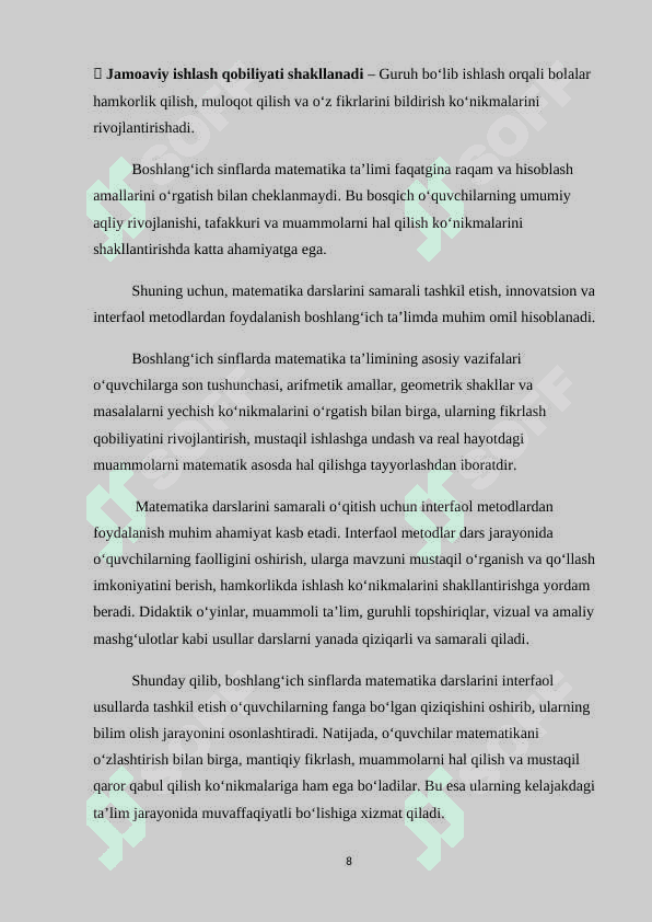 BOSHLANG’ICH  SINFLARDA  MATEMATIKA DARSLARIDA INTERAKTIV METODLARDAN FOYDALANISH 8