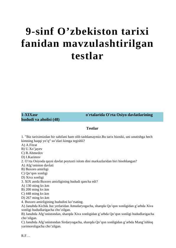 9-sinf O’zbekiston tarixi fanidan mavzulashtirilgan testlar