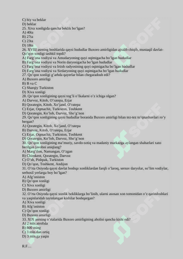 9-sinf O’zbekiston tarixi fanidan mavzulashtirilgan testlar 4