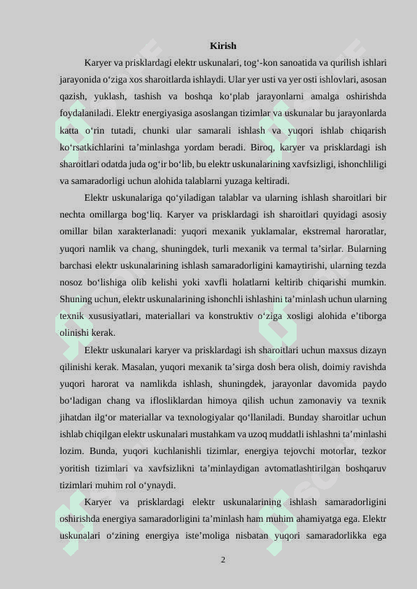 Karyer va prisklarda ishlovchi elektr uskunalarga qoʻyiladigan talablar va ularni ishlash sharoiti 2