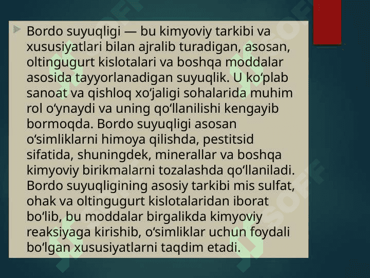 Bordo suyuqligini qo’llanish xususiyatlari va sifatini aniqlash tartibi. 2
