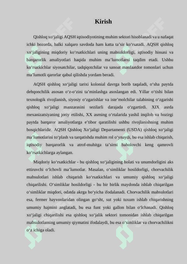 AQSH qishloq xo jaligining miqdoriy ko rsatkichlari 2