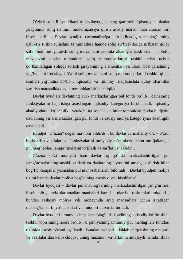 Hozirgi sharoitda O’zbekiston Respublikasida byudjet – soliq siyosating ustuvor yo’nalishlari 4