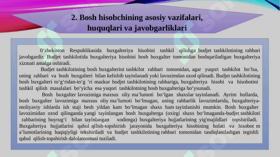 Budjet tashkilotlarida buxgalteriya hisobini tashkil etish, uning maqsadi, vazifalari va xususiyatalari 6