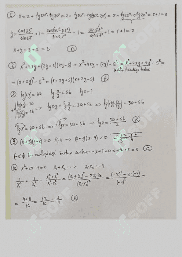 Trigonometriya dastlabki mavzularigacha takrorlash testi yechimlari 2