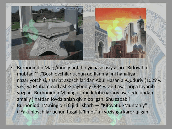 Burhoniddin Marg’inoniy va O’rta Osiyo fiqh maktabi” degan mavzuida ilmiy ma’ruza tayyorlash. 3
