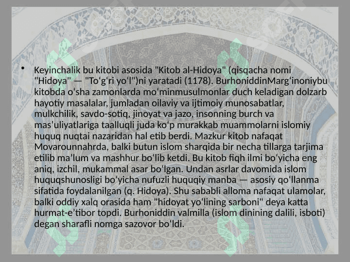 Burhoniddin Marg’inoniy va O’rta Osiyo fiqh maktabi” degan mavzuida ilmiy ma’ruza tayyorlash. 4