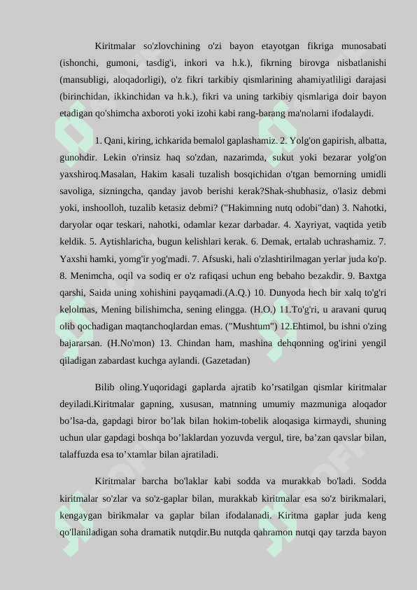 Hozirgi oʻzbek tilida kirish soʻz va kiritmali qurilmalarning leksik va grammatik xususiyatlari 6