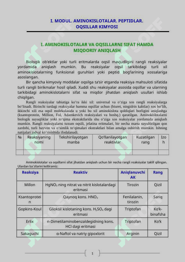 MODUL. OQSILLAR KIMYOSI, MODUL. UGLEVODLAR KIMYOSI, MODUL. NUKLEIN KISLOTALAR KIMYOSI, MODUL. LIPIDLAR KIMYOSI. 4