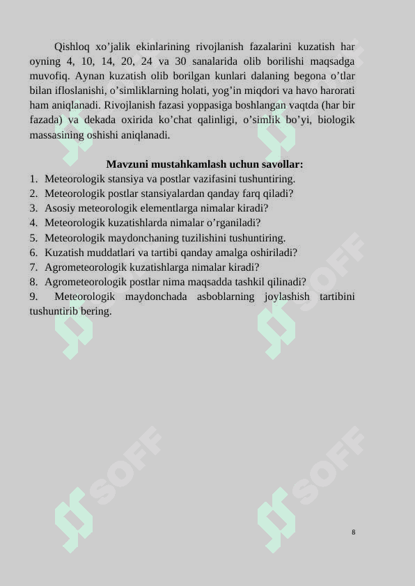 AGROMETEOROLOGIYADAN AMALIY MASHG’ULOTLAR 8