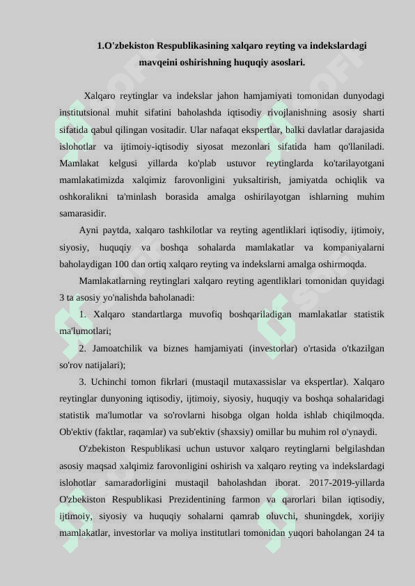 O'ZBEKISTON RESPUBLIKASINING XALQARO REYTING VA INDEKSLARDAGI ROLI VA NUFUZINI OSHIRISH 2