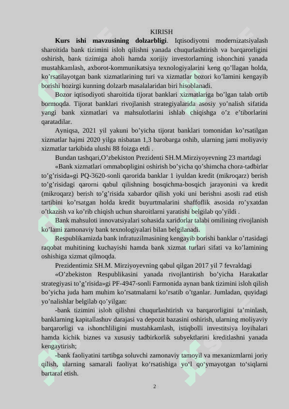 BANK XIZMATLAR BOZORINI RIVOJLANTIRISH 2