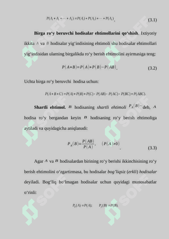 Ehtimolning xossalari. Shartli ehtimol. Hodisalarning bog‘liqligi. 2