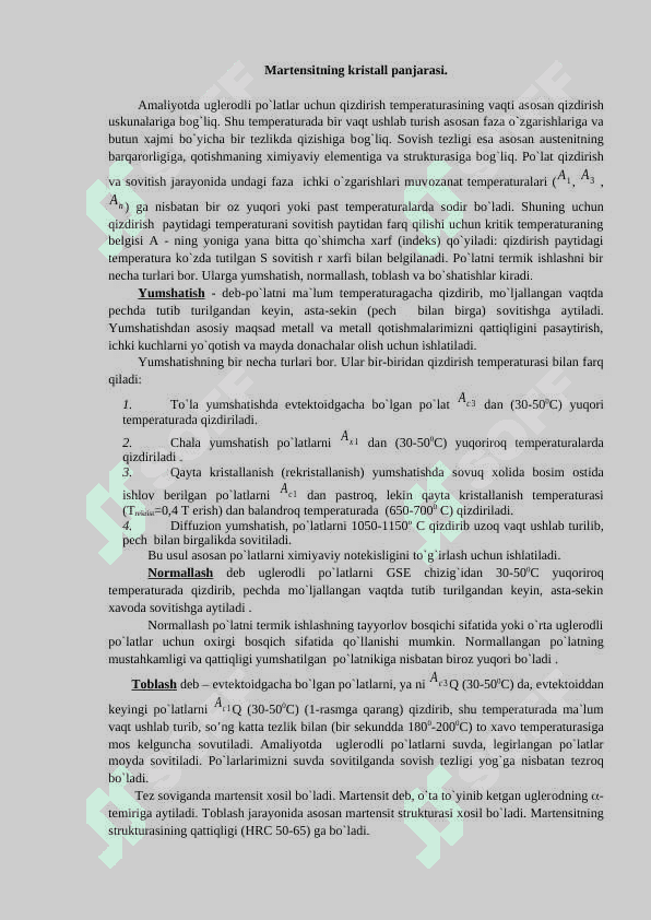 TERMIK ISHLASHNI PO‘LAT TUZILISHI VA MEXANIK XOSSALARIGA TA’SIRINI O’RGANISH 2