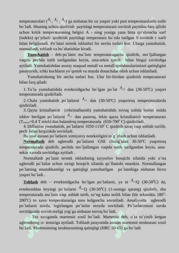Termik ishlashni po‘lat tuzilishiga va mexanik xossalariga ta’siri.Termik va kimyoviy-termik ishlangan po’latlarning mikrostruk-turasini tahlili. 3