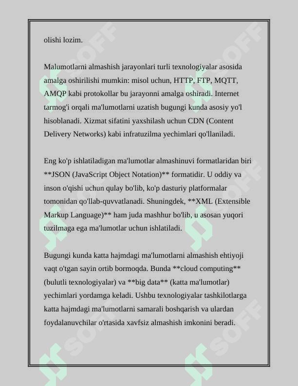 MALUMOTLARNI ALMASHISH JARAYONLARINING XARAKTERISTIKASI, MA‟LUMOTLAR ALMASHINUVINING APPARAT TA‟MINOTI. TARMOQ HIZMATLARI. TARMOQ TEXNOLOGIYASI: TARMOQ TEXNOLOGIYASI HAQIDA TUSHUNCHA, KO„PRIK VA SHLYUZLAR. KOMPYUTER TARMOG„INING ARXITEKTURASI, TARMOQ TOPOLOGIYALARI, TARMOQ TIZIMINING MODELI, MA‟LUMOTLARIN UZATISH BAYONNOMALARI, IP, TCP VA UDP BAYONNOMALARI 5