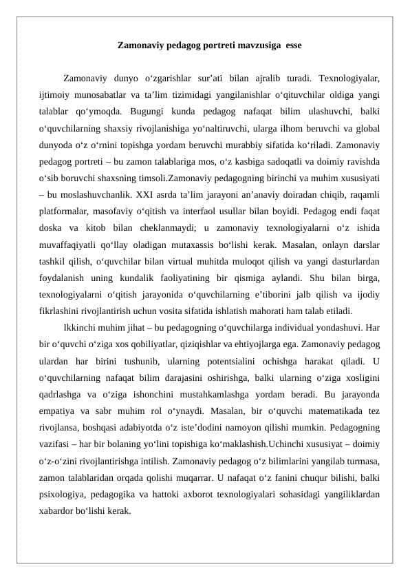 Zamonaviy pedagog portreti mavzusiga  esse