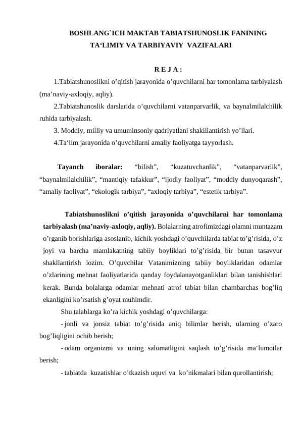 BOSHLANG`ICH MAKTAB TABIATSHUNOSLIK FANINING  TA‘LIMIY VA TARBIYAVIY  VAZIFALARI