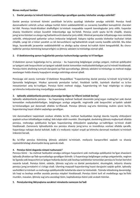 Pensiya Ishi Yakuniy savollari va Javoblari