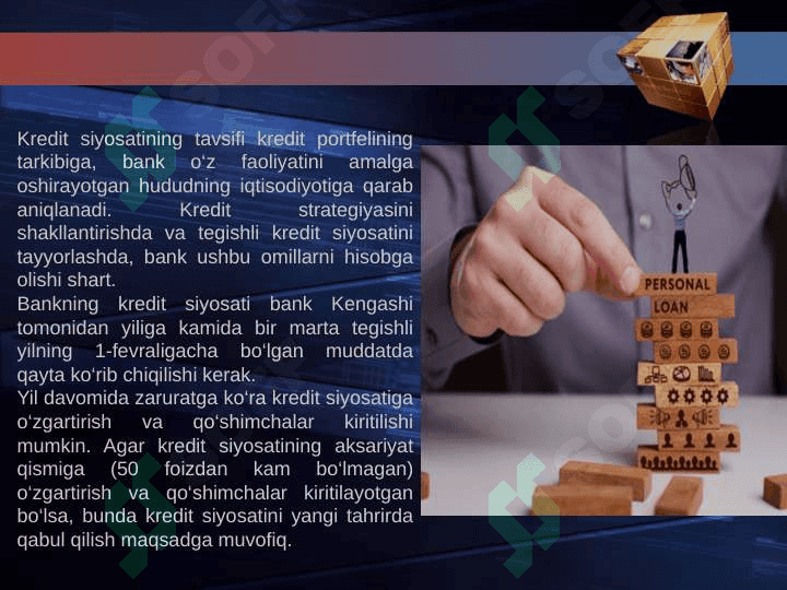 TIJORAT BANKLARINING KREDIT SIYOSATI, KREDITLASH JARAYONLARI VA UNING BOSQICHI pptx 7