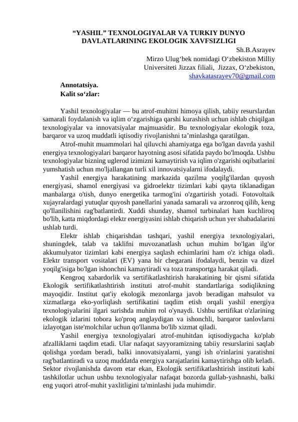 “YASHIL” TEXNOLOGIYALAR VA TURKIY DUNYO DAVLATLARINING EKOLOGIK XAVFSIZLIGI