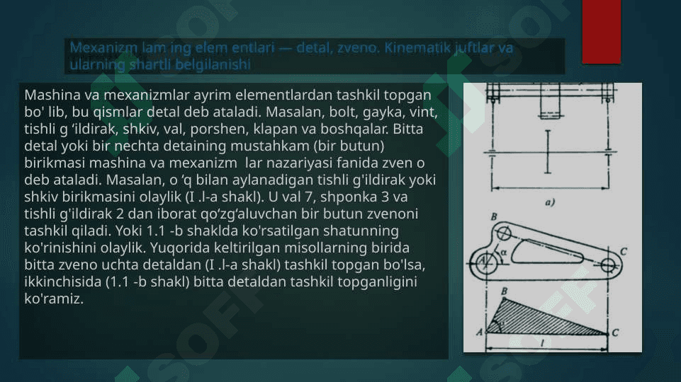 Mexanizmlarning elementlari  —  detal,  zveno.  Kinematik juftlar va  ularning  shartli  belgilanishi 3