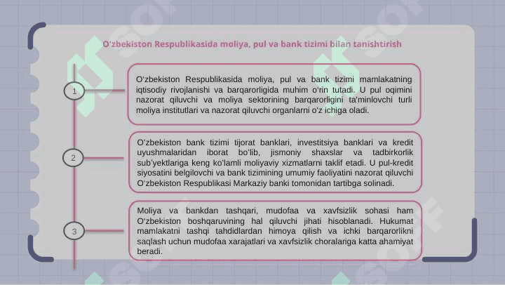 O'zbekiston Respublikasida moliya, pul va bank tizimi. Mudofaa va xavfsizlik. 3