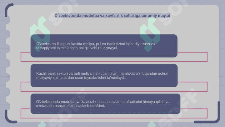 O'zbekiston Respublikasida moliya, pul va bank tizimi. Mudofaa va xavfsizlik. 4