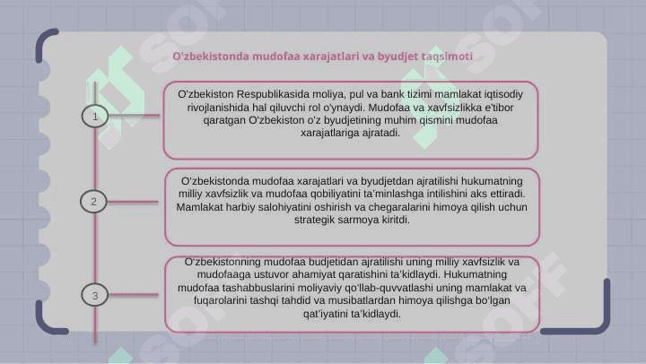 O'zbekiston Respublikasida moliya, pul va bank tizimi. Mudofaa va xavfsizlik. 8