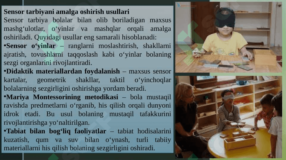 Sensor tarbiya tushunchasi.Sensor tarbiyaning mazmuni, maqsad va vazifalari.Sensor tarbiya usullari. Mariya Montessorining sensor tarbiyani rivojlantirish metodikasi. Ahloq tushunchasi.Ahloq normalari.Ahloqiy tushunchalar:ahloqiy ong,ahloqiy qadriyatlar,ahloqiy his-tuyg’ular. Jismoniy tarbiya tushunchasi.Jismoniy tarbiyaning asosiy tushunchalari:”jismoniytarbiya”,”jismoniy barkamollik”, “badantarbiya”,”jismoniy rivojlanish”. Aqliy tarbiya haqida tushunchasi.Aql kategoriyalari. 5