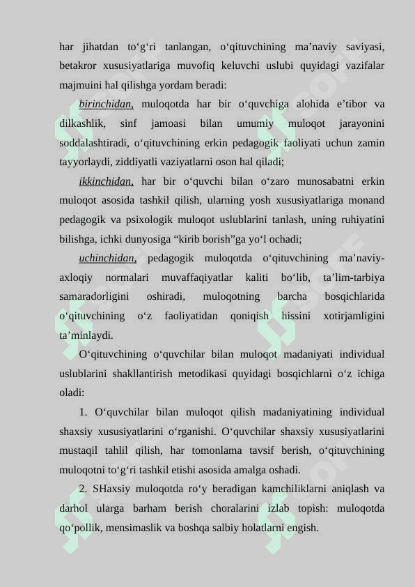 O‘QITUVCHI FAOLIYATIDA MULOQOT  MADANIYATI VA PSIXOLOGIYASI.  O‘QITUVCHI VA O‘QUVCHI O‘RTASIDAGI MULOQOT 2