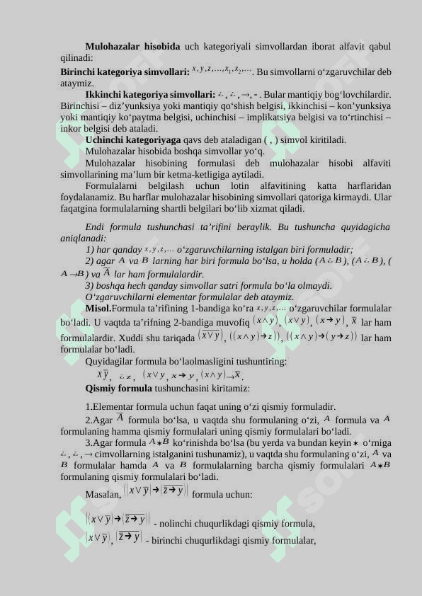 MULOHAZALAR HISOBI UCHUN AKSIOMALAR SISTEMASI. Hisob tushunchasi. Mulohazalar hisobi. Keltirib chiqarish. 2