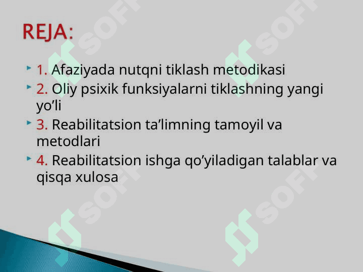 Afaziyani bartaraf etishda korreksion tarbiya ishlarini asosiy yo’nalishlari. Reabilitatsion ta’limning tamoyil va metodlari 2