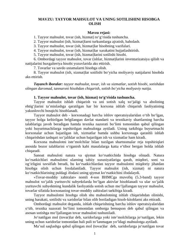 TAYYOR MAHSULOT VA UNING SOTILISHINI HISOBGA OLISH